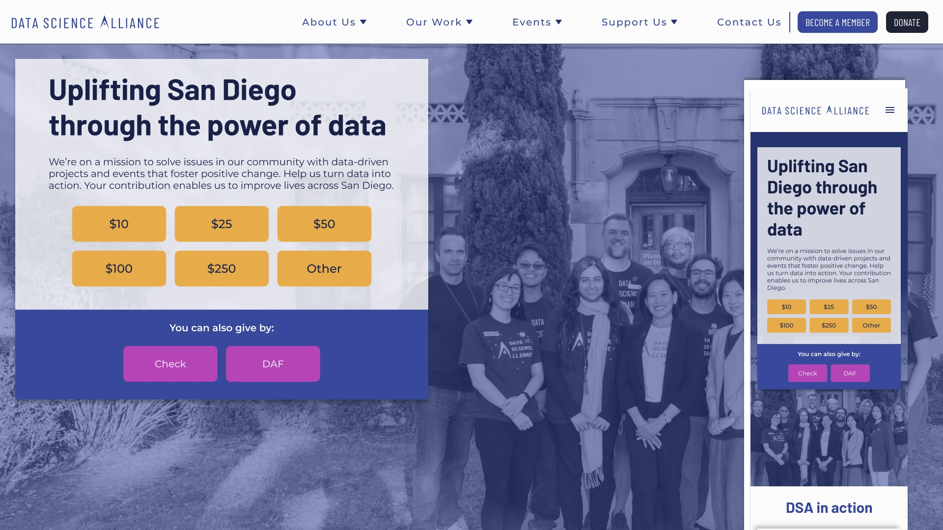 screenshot of DSA website with large and small breakpoints